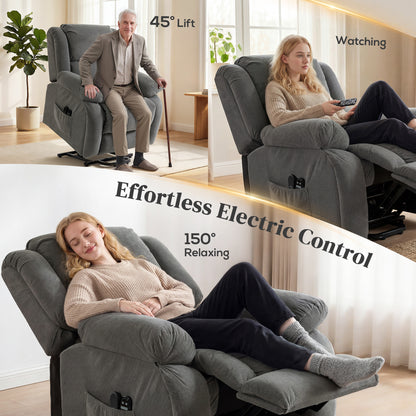 Recliner Armchair Lift Chair, Electric Recliner Chair with Vibration Massage and Heat, Wide Seat, USB Port, Grey