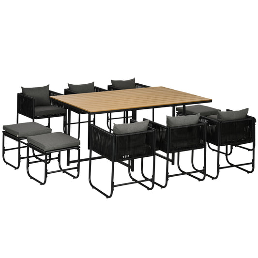 10 Seater Rattan Cube Garden Furniture Set, Rattan Dining Set with Cushions, Outdoor Dining Table and Chairs with 6 Armchairs, 4 Stools, Rectangular Wood Grain Plastic Top Table