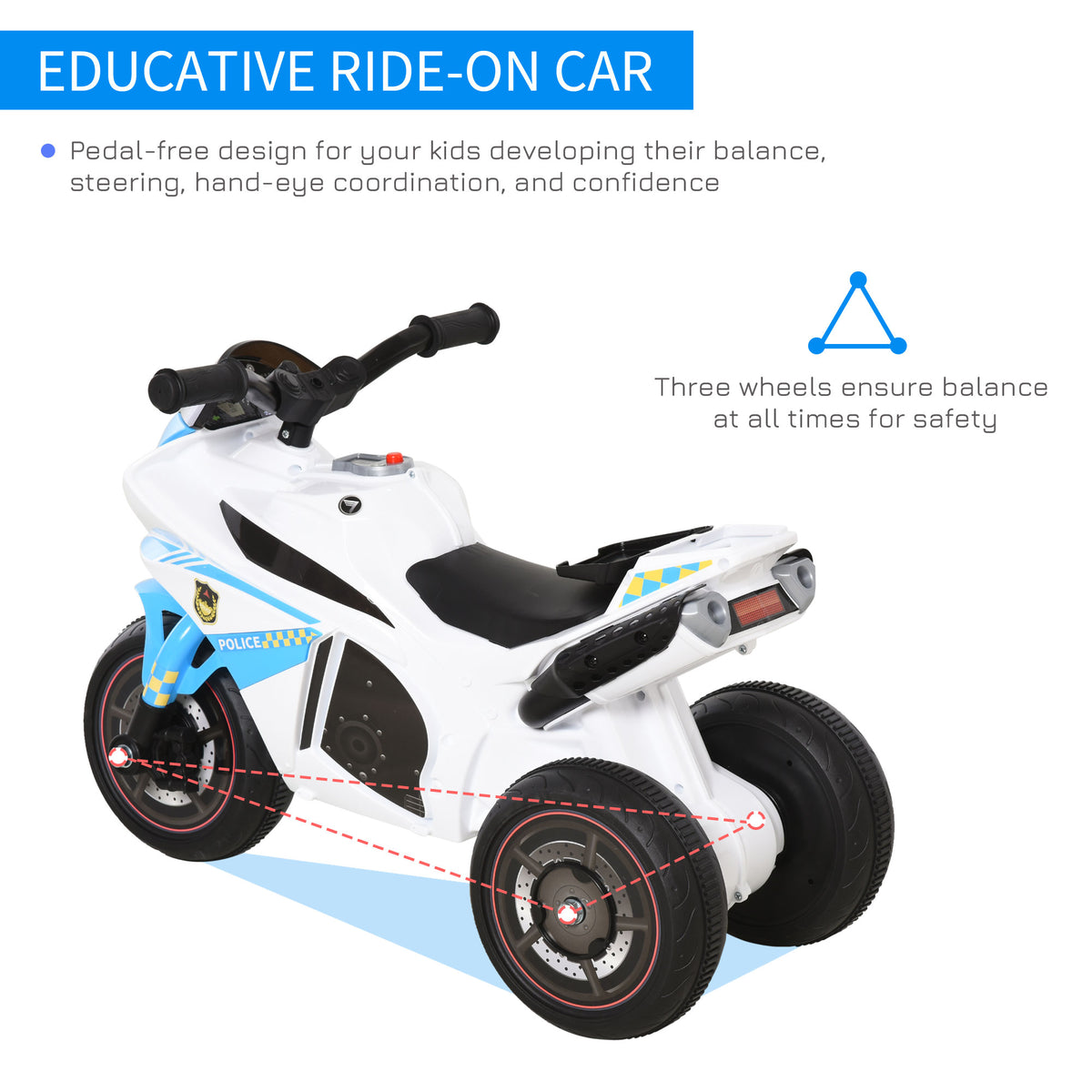 Kids Ride-On Police Bike 3-Wheel Vehicle w/ Music Lights Seat Handlebars Toddler NO POWER Child Learning Fun Development 18-36 Months Blue