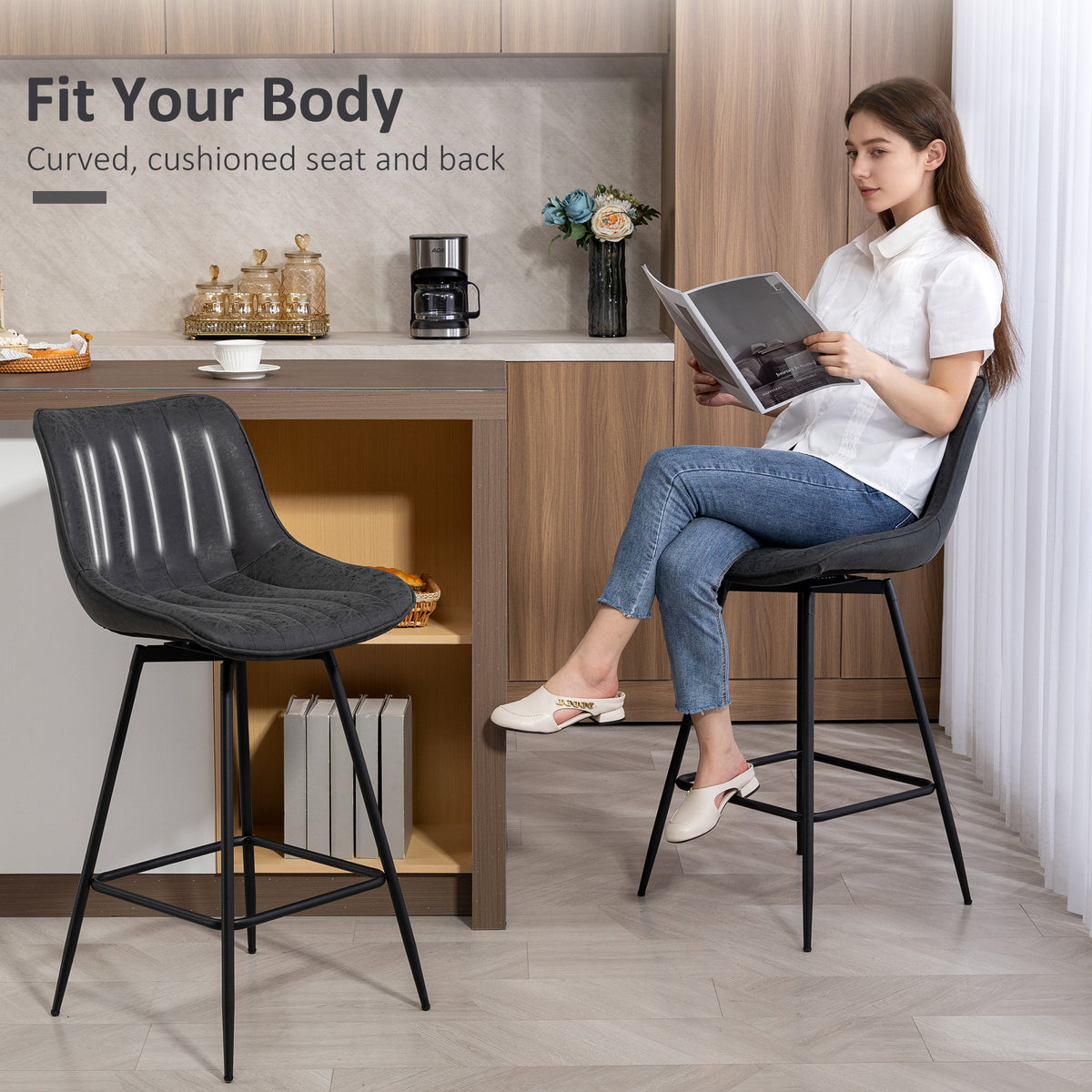 Set of 2 PU Leather Swivel Bar Stools