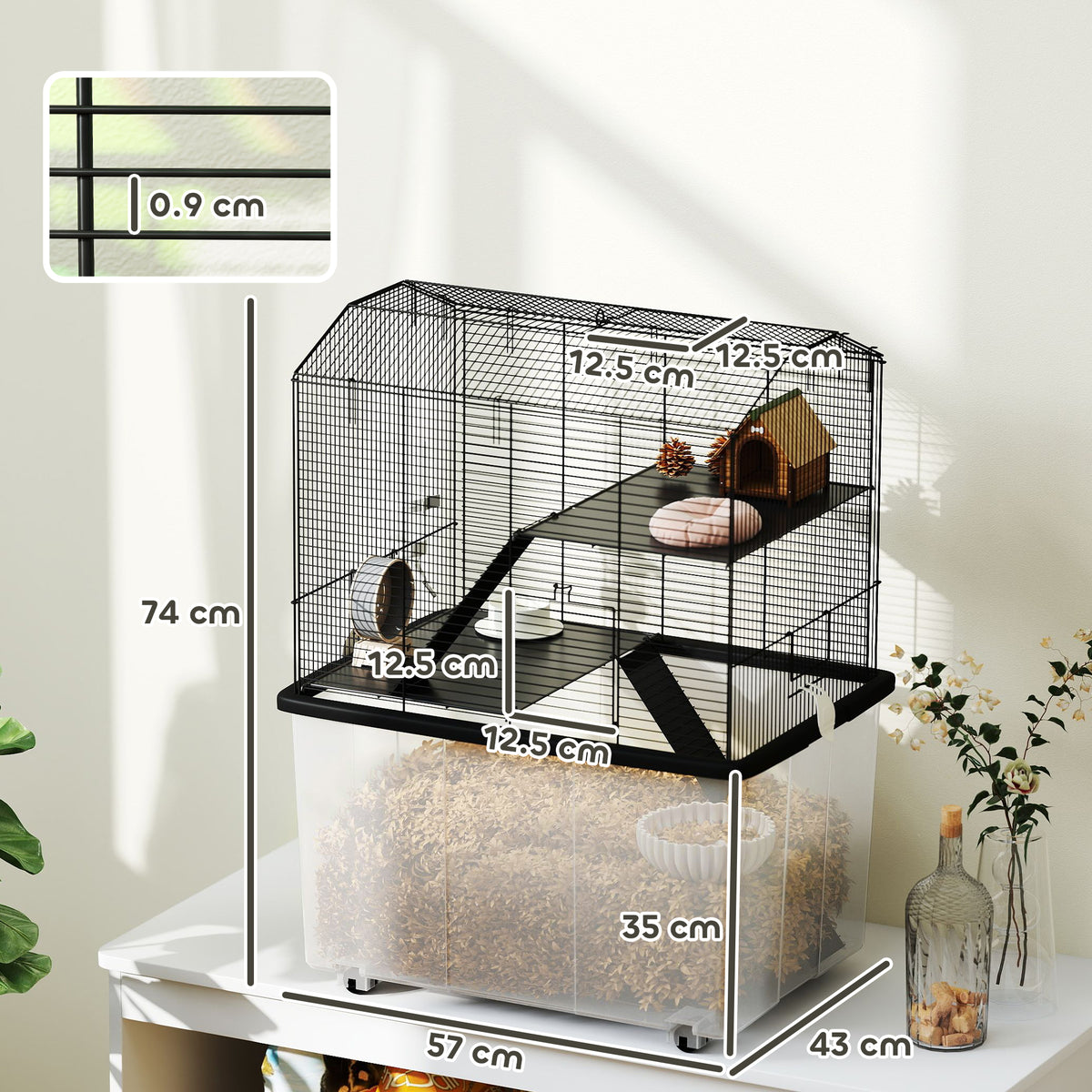 Three-Tier Gerbil Cage, Hamster Cage for Dwarf Hamster w/ Wheels, Deep Bottom, Food Dish, Water Bottle