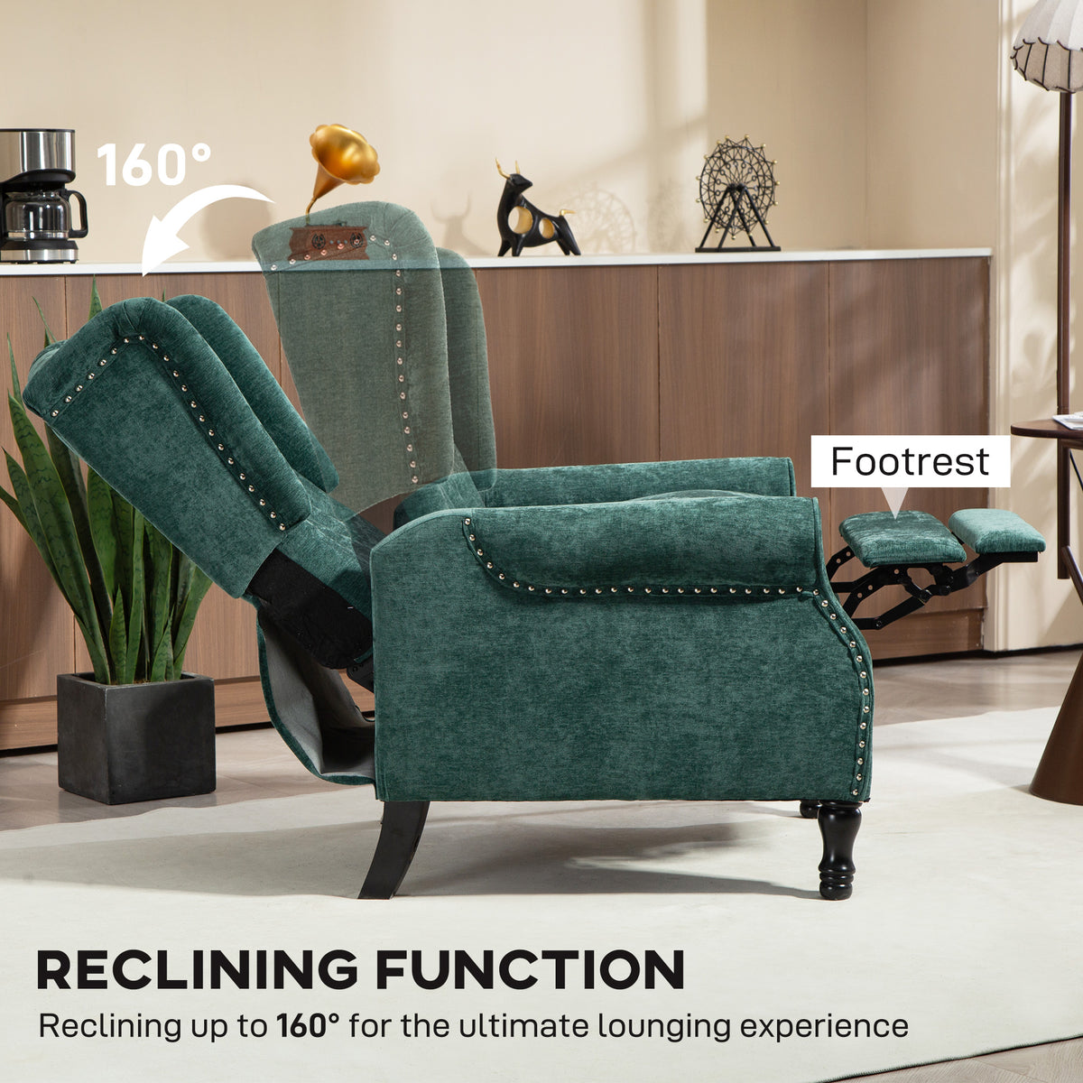 150° Reclining Vintage Armchair, with footrest - Dark Green