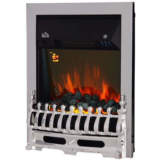 Contemporary Electric Fireplace Coal Burning Flame Effect Inset Fire Place Space Heater Glass View LED Lighting with Remote Control, 1000W/2000W, Silver