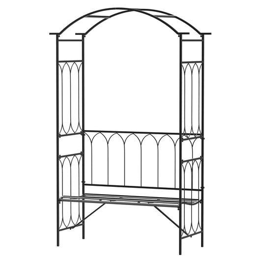 Garden Metal Frame Bench W/Arch for Various Climbing Plant, 115Lx50Wx203H cm-Black