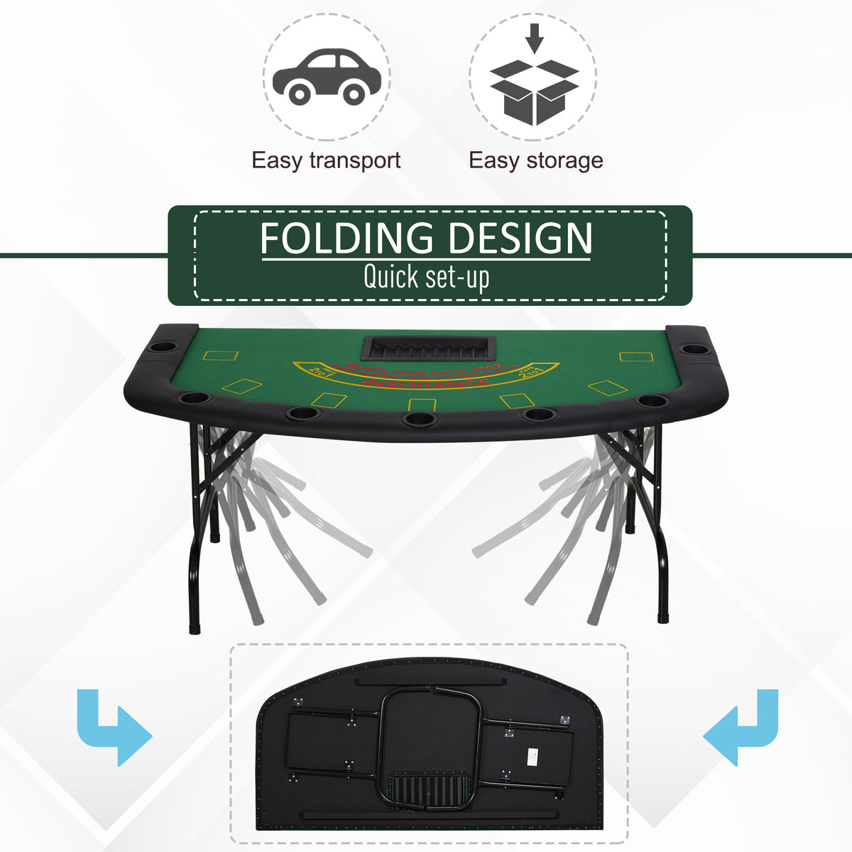 Poker Table, 7-Player Folding Blackjack Table with Chip Tray, Cup Holders, Padded Rails, 182 x 91 x 75 cm, Green