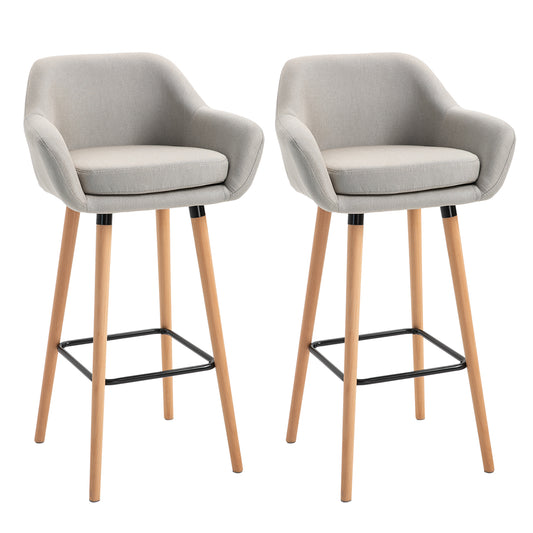 Set of 2 Bar Stools Modern Upholstered Seat Bar Chairs with Metal Frame, Solid Wood Legs Living Room Dining Room Fabric Furniture - Beige