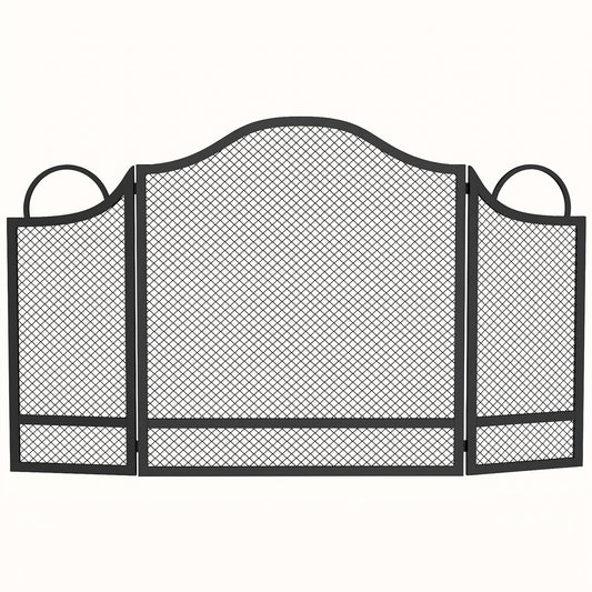 Floral 3-Panel Folding Fireplace Screen for Hearth Protection, Heat-Resistant Metal Fire Spark Guard, Black
