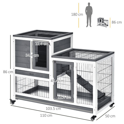 Wooden Indoor Rabbit Hutch Guinea Pig House Bunny Small Animal Cage W/ Wheels Enclosed Run 110 x 50 x 88 cm