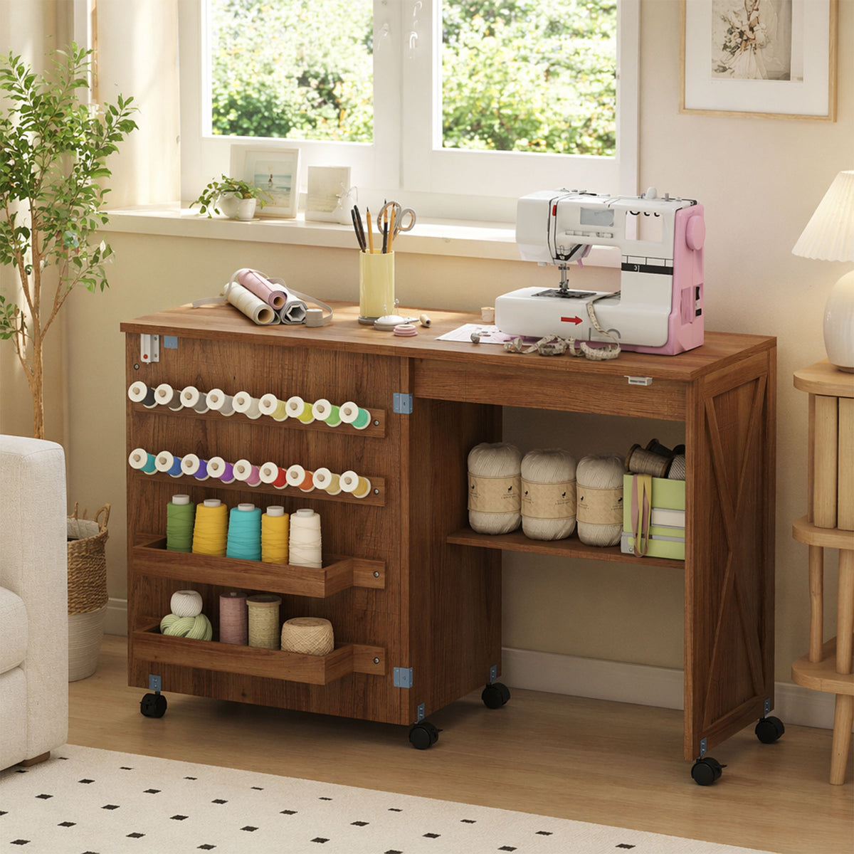 Folding Sewing Table, Rolling Craft Table with Storage compartments, Shelf and Lockable Casters for Small Spaces