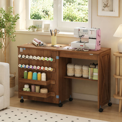 Folding Sewing Table, Rolling Craft Table with Storage compartments, Shelf and Lockable Casters for Small Spaces