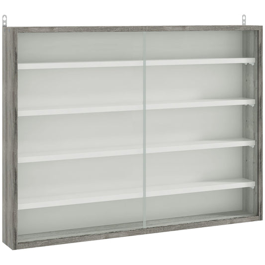 5-Tier Wall Display Shelf Unit Cabinet w/ 4 Adjustable Shelves Glass Doors Home Office Ornaments 60x80cm Grey Wood Grain
