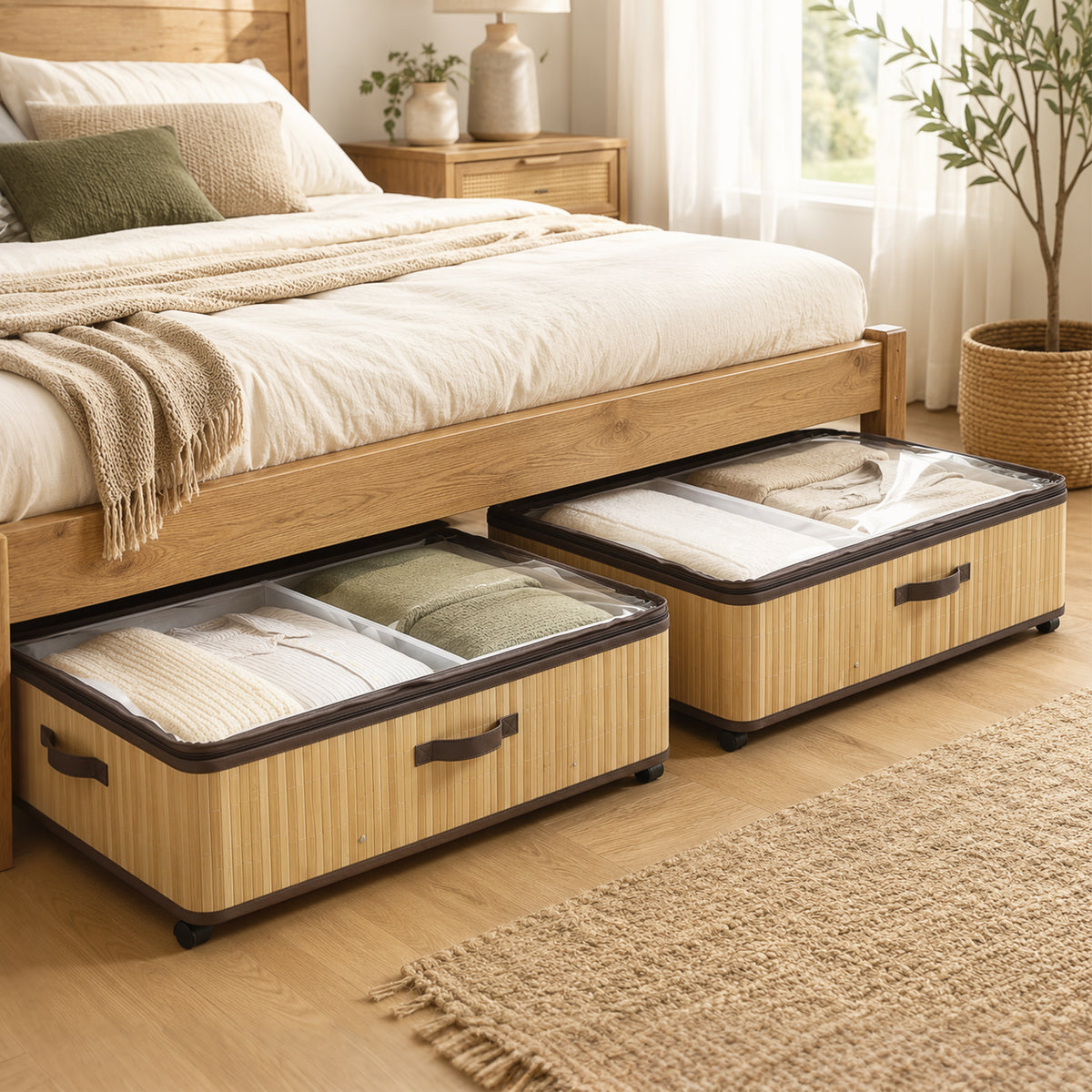 60L Under Bed Storage with Wheels Pack of 2, Underbed Storage Box with Clear Lid Cover and Reinforced Handle, Natural