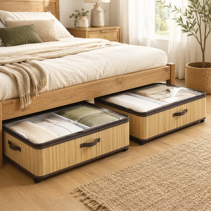 60L Under Bed Storage with Wheels Pack of 2, Underbed Storage Box with Clear Lid Cover and Reinforced Handle, Natural