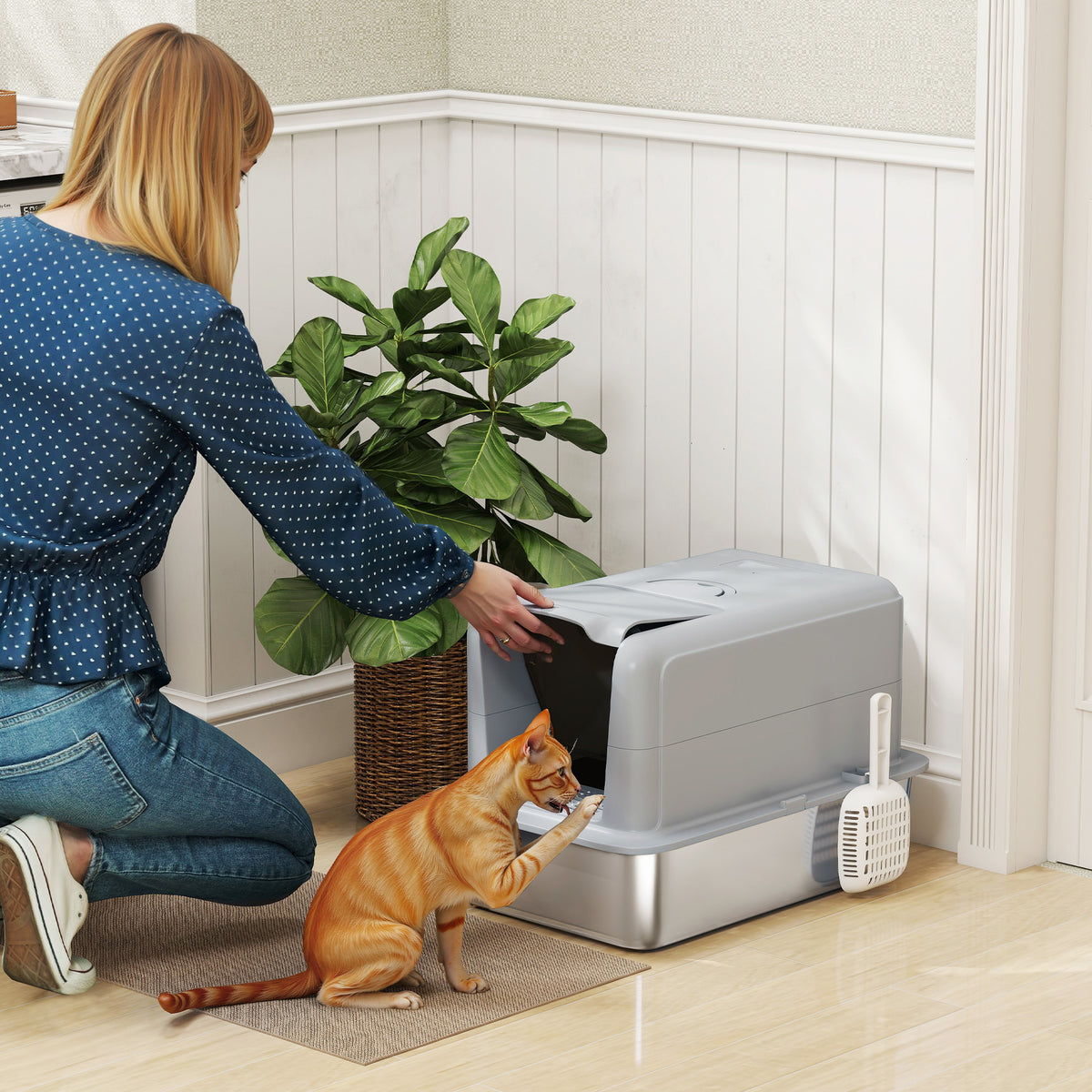 Stainless Steel Cat Litter Box with Removable Lid, Scoop, Filter Bags, for Larger Cats