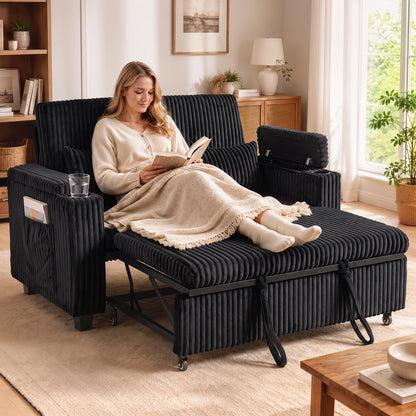2 Seater Sofa Bed, Pull Out Sleeper Sofa w/ Adjustable Backrest, Storage Armrests, Cup Holders, Side Pockets
