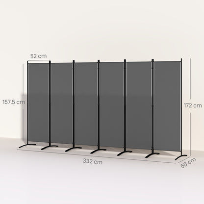 6 Panel Folding Room Divider, 1.7m Privacy Screen with Wide Feet, Portable Freestanding Metal Partition Separator for Office, Living Room, Bedroom, Dining Room, Dark Grey