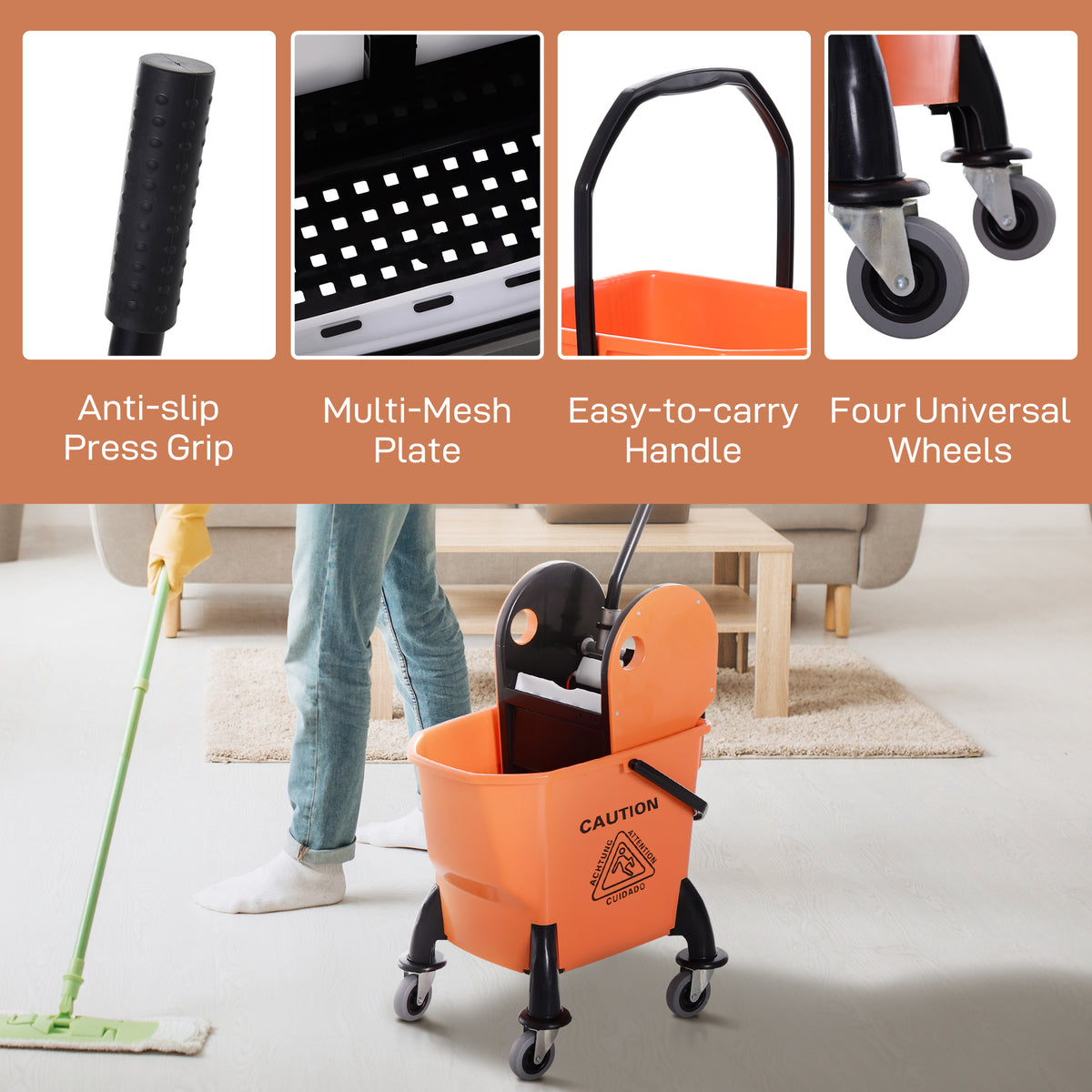 25L Mop Bucket, with Wringer, Wheels and Handle - Orange