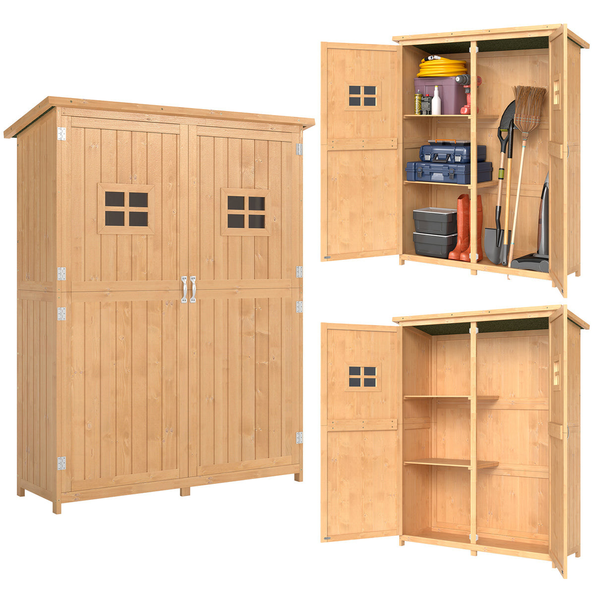 Wooden Garden Shed with Two Windows, Tool Storage Cabinet, Outdoor Double Door Organizer 127.5W x 50D x 164H cm, Natural
