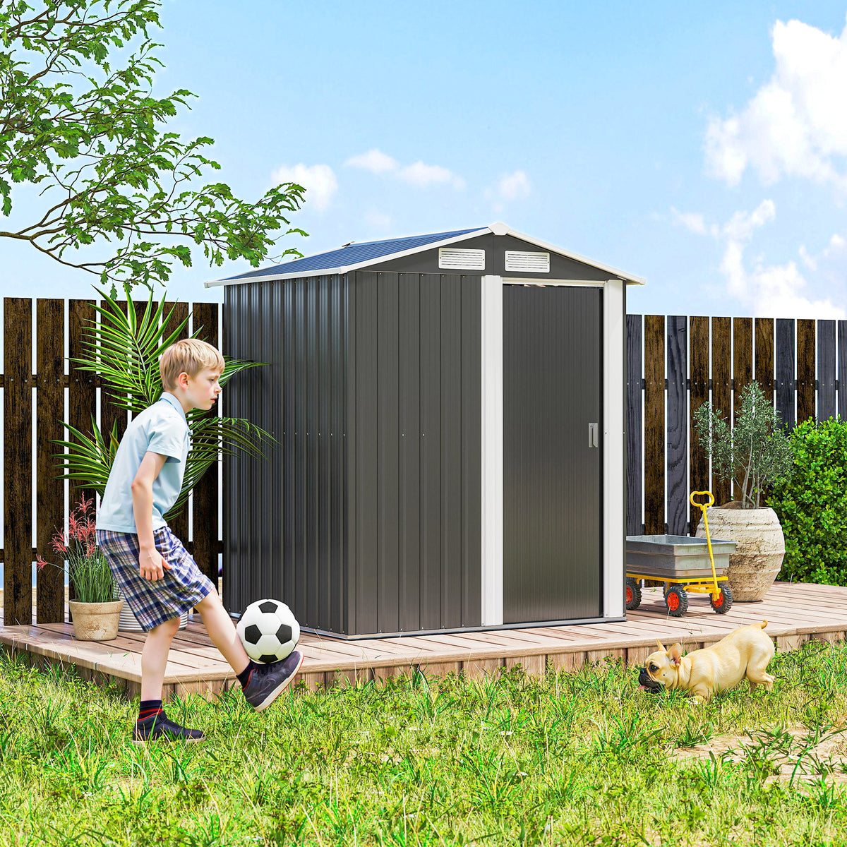 Garden Metal Tool Storage Shed with Sliding Door, Sloped Roof and Foundation Kit, 152 x 132 x 188cm