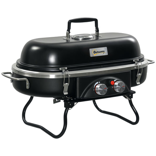 Foldable Gas BBQ Grill 2 Burner Table Top Barbecue with Lid Piezo Ignition Thermometer for Camping Picnic Cooking, Aluminium Alloy