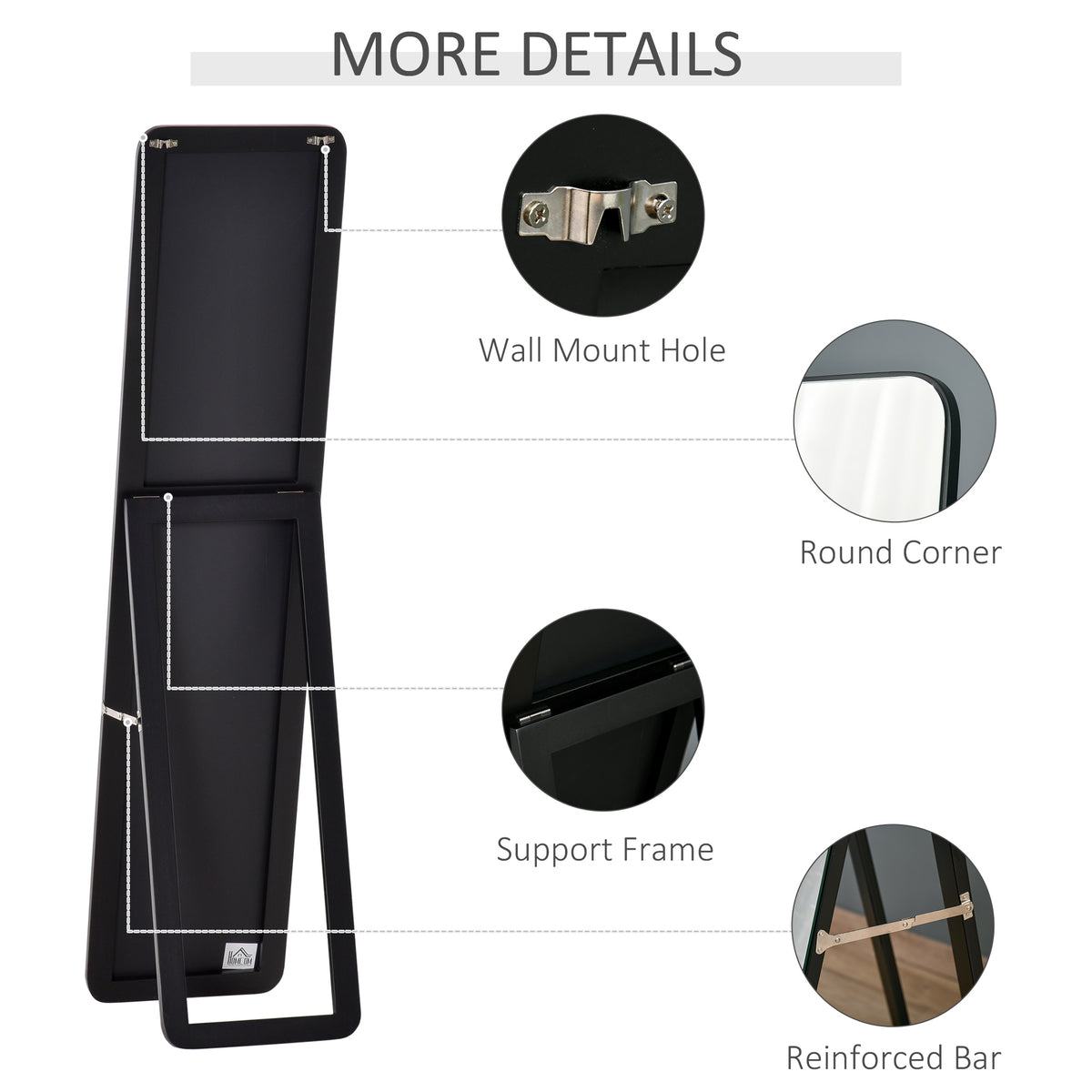Full Length Mirror, 156 x 37 cm Rectangular Full Body Mirror with Stand, Floor Standing, Hanging or Leaning Against Wall for Bedroom Cloakroom, Black