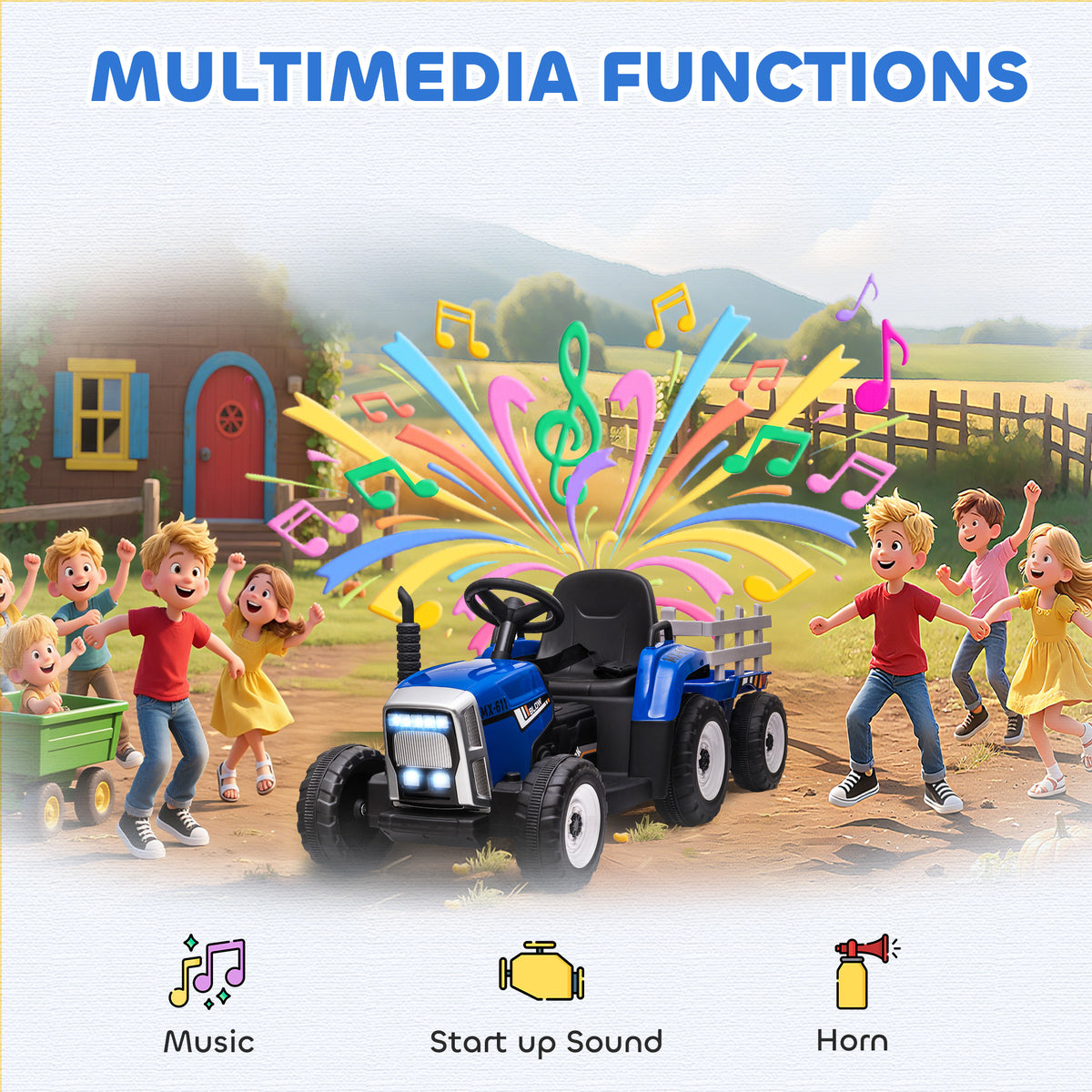 Ride On Tractor, Battery Powered Electric Car, with Detachable Trailer, Remote Control, Music