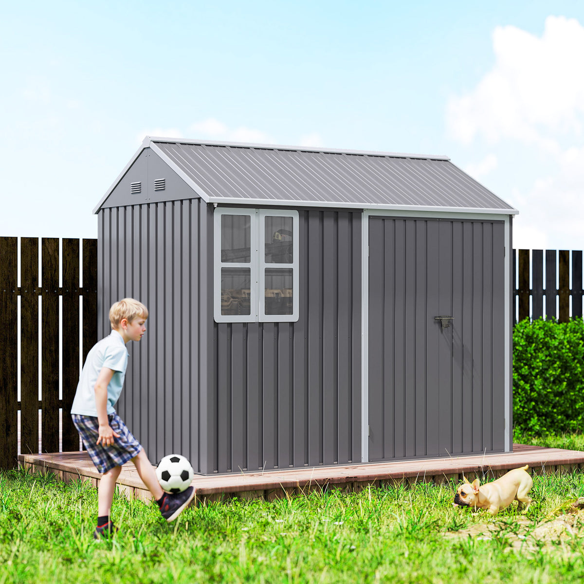 8 x 6 ft Galvanised Garden Shed, Outsoor Metal Storage Shed with Double Doors Window Air Vents, Grey