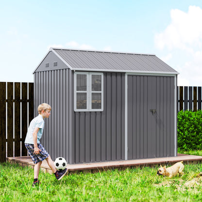8 x 6 ft Galvanised Garden Shed, Outsoor Metal Storage Shed with Double Doors Window Air Vents, Grey