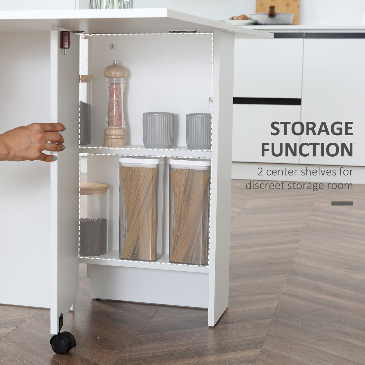 Folding Dining Table, Drop Leaf Table with 2-Tier Shelves, Rolling Casters, for Small Spaces, Kitchen, White