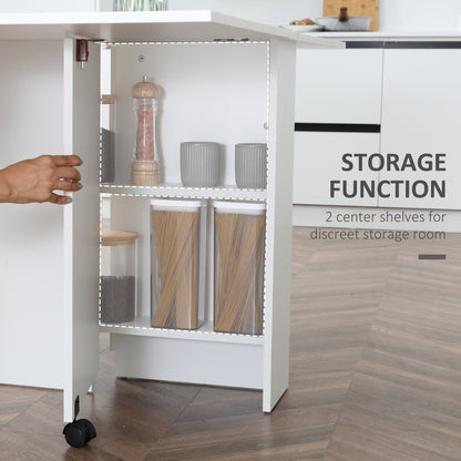 Folding Dining Table, Drop Leaf Table with 2-Tier Shelves, Rolling Casters, for Small Spaces, Kitchen, White