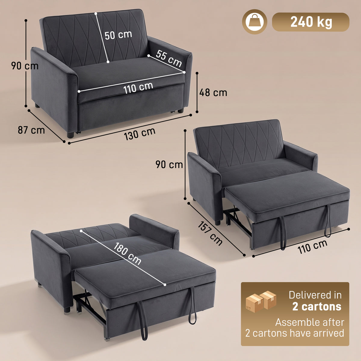 2 Seater Sofa Bed, 3-in-1 Convertible Pull Out Sleeper Sofa with Click-Clack Adjustable Backrest