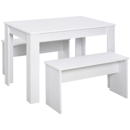 Kitchen Dining Table and 2 Benches Set, Table and Chairs Set for Limited Space, White