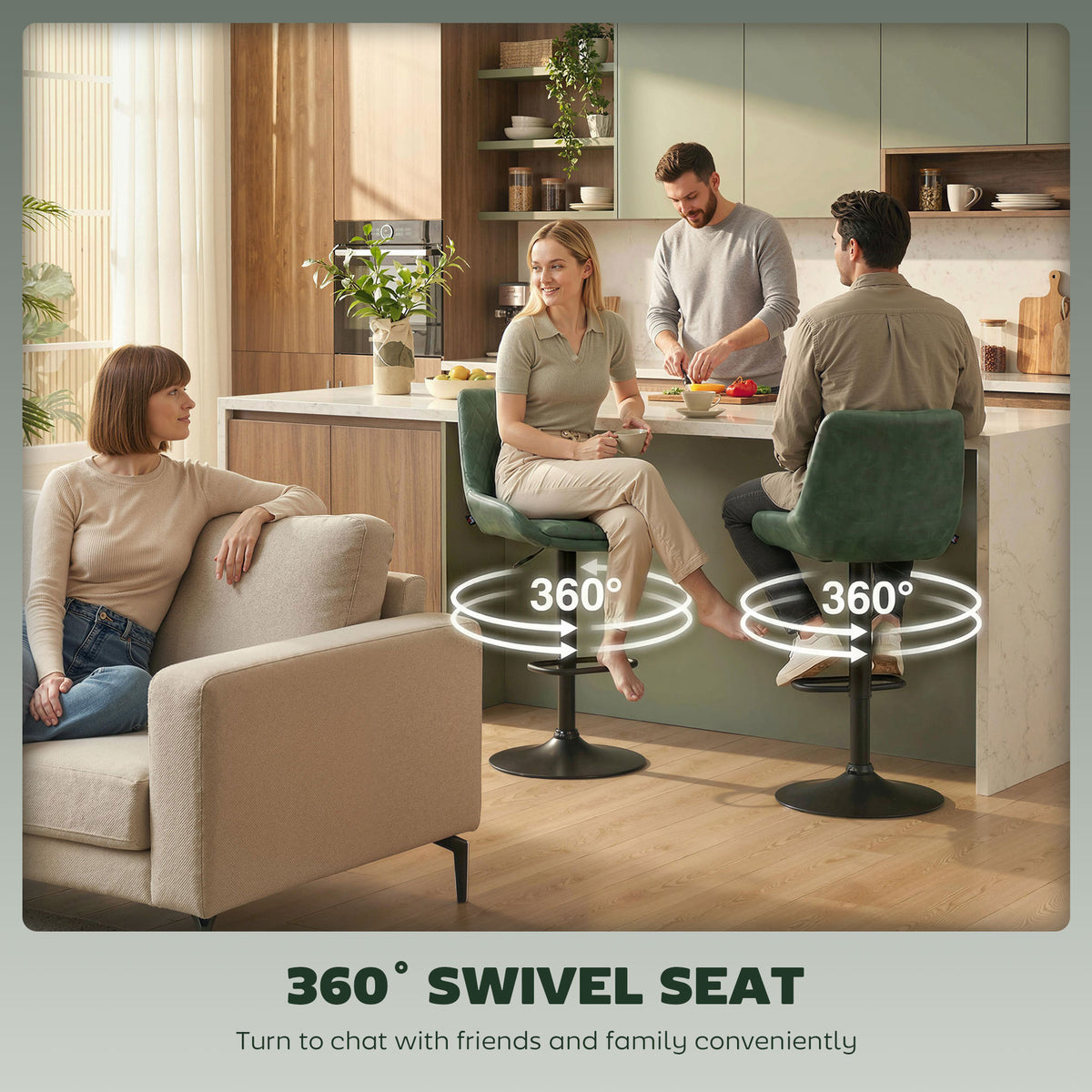 Retro Bar Stools Set of 2, Adjustable Kitchen Stool, Upholstered Bar Chairs with Back, Swivel Seat, Green