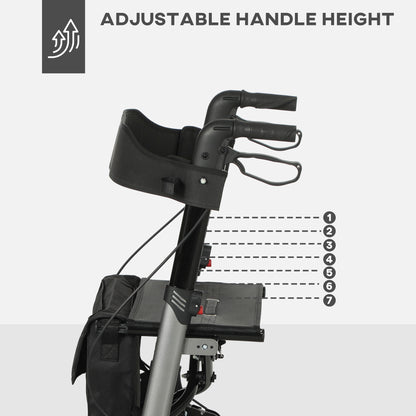 Rollator Walker with Seat, Compact Quick Folding Mobility Walker with 8" Wheels, Carry Bag, Adjustable Height, Cane Holder and Lightweight Aluminium Frame for Seniors and Disabled, Silver