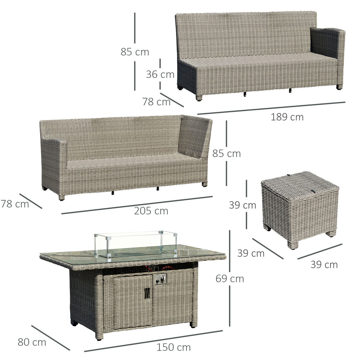 8-Seater Outdoor PE Rattan Sofa Set Conversation Set w/ Fire Pit Table, L-Shape Sofa, Footstool and Furniture Cover