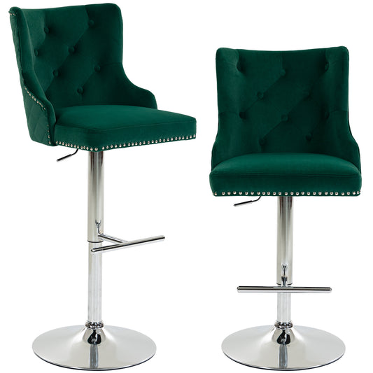 Bar Stools Set of 2, Modern Swivel & Adjustable Velvet Barstools with Button-Tufted Back, Footrest for Home Bar