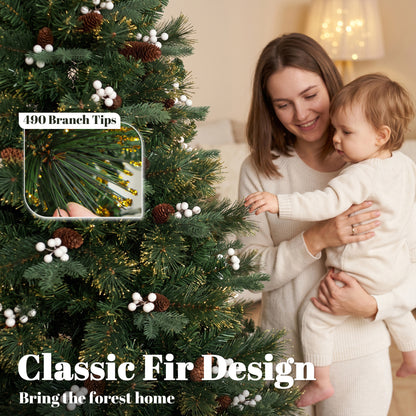 5ft Artificial Christmas Tree, Fir Hinged Xmas Tree with 490 Branch Tips, Foldable Metal Stand, Easy Assembly, Green