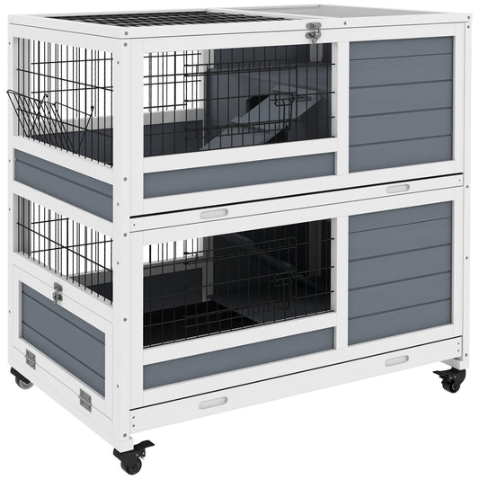 Double Deckers Guinea Pig Cage, Indoor Rabbit Hutch with Feeding Trough, Trays, Ramps, Openable Top - Grey