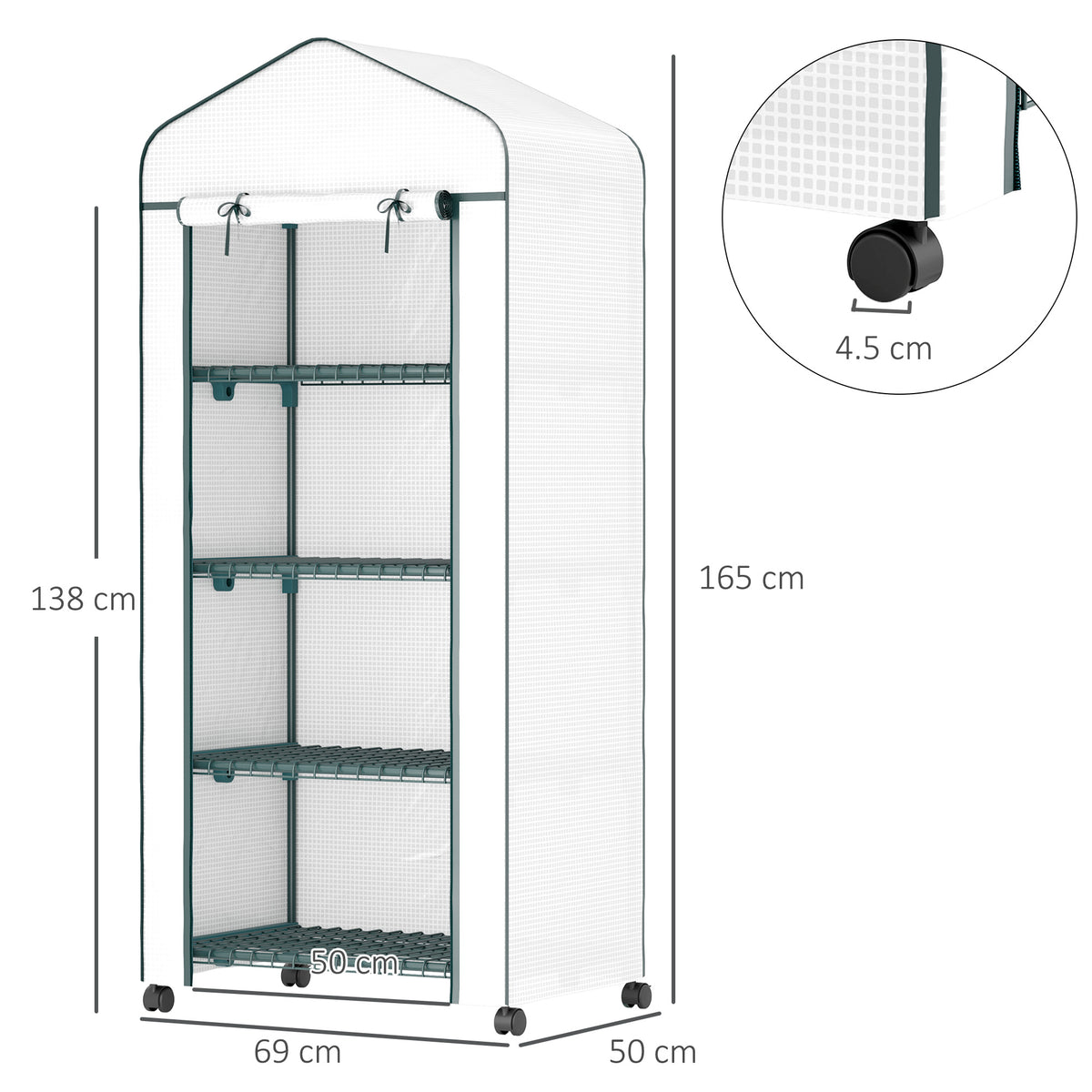 4 Tier Mini Portable Greenhouse Compact Plant Grow Shed Metal Frame PE Cover with Lockable Rolling Wheels, White