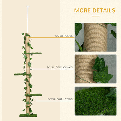 242cm Adjustable Floor-To-Ceiling Cat Tree, with Artificial Decoration, Perches, Anti-Slip Kit - Green