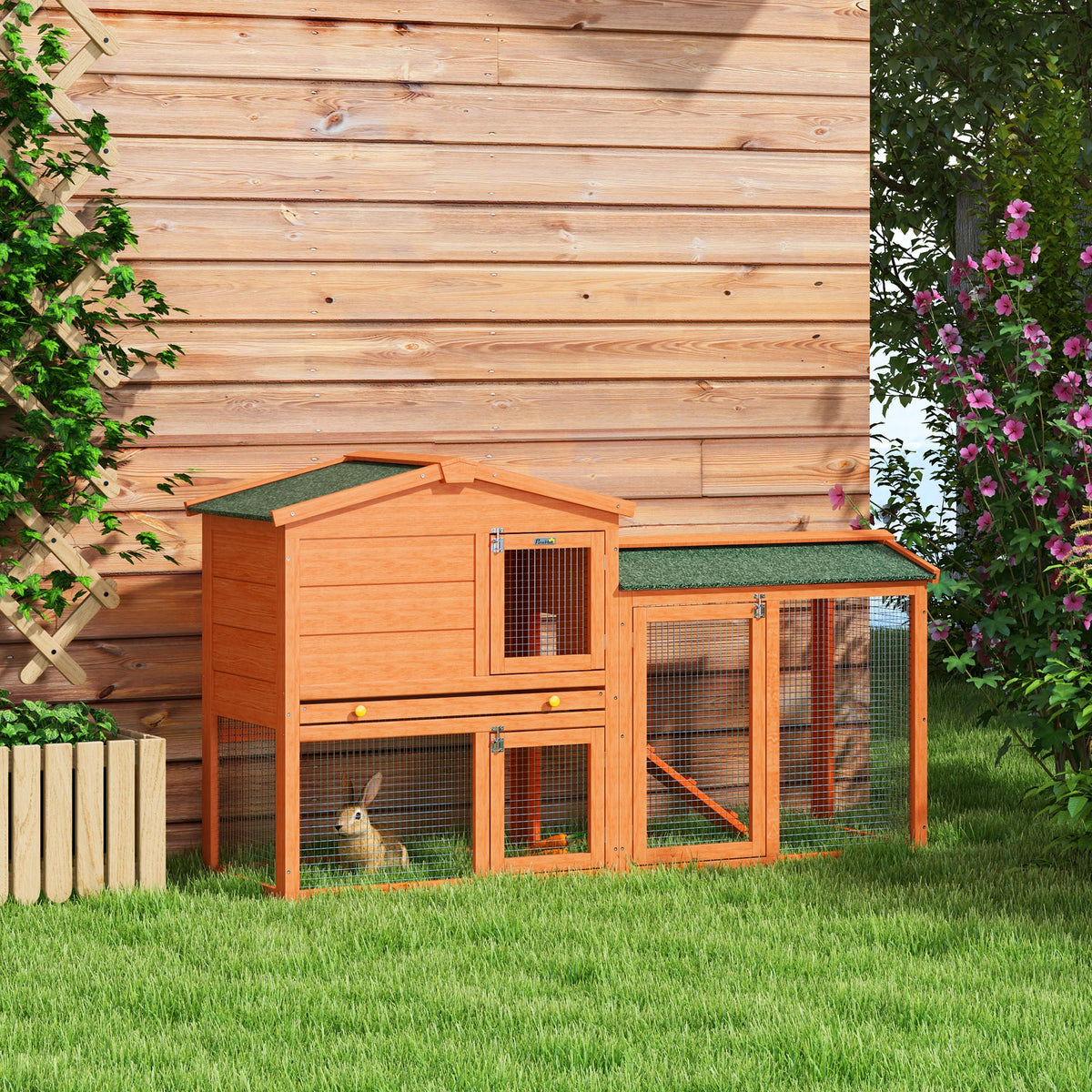 Two-Tier Rabbit Hutch with Run, Ramp, Slide-Out Tray, for Garden - Orange