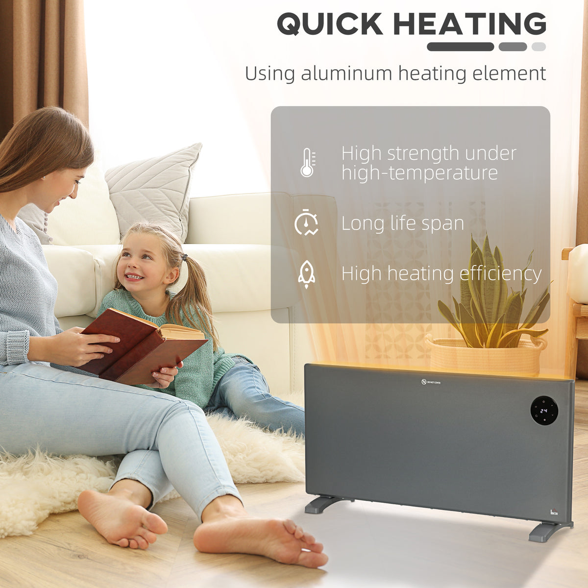2000W Electric Convector Heater, Freestanding or Wall Mounted, Space Heater with Adjustable Thermostat, Timer, Grey