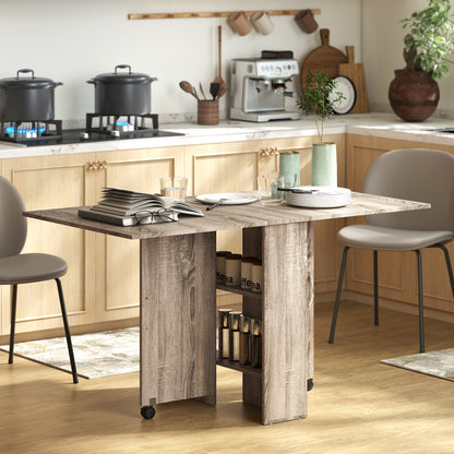 80-140 cm Folding Dining Table for 4-6 People, Drop Leaf Table with 2-Tier Shelves, Rolling Casters, for Small Spaces, Kitchen, Flat, Dining Room, Grey