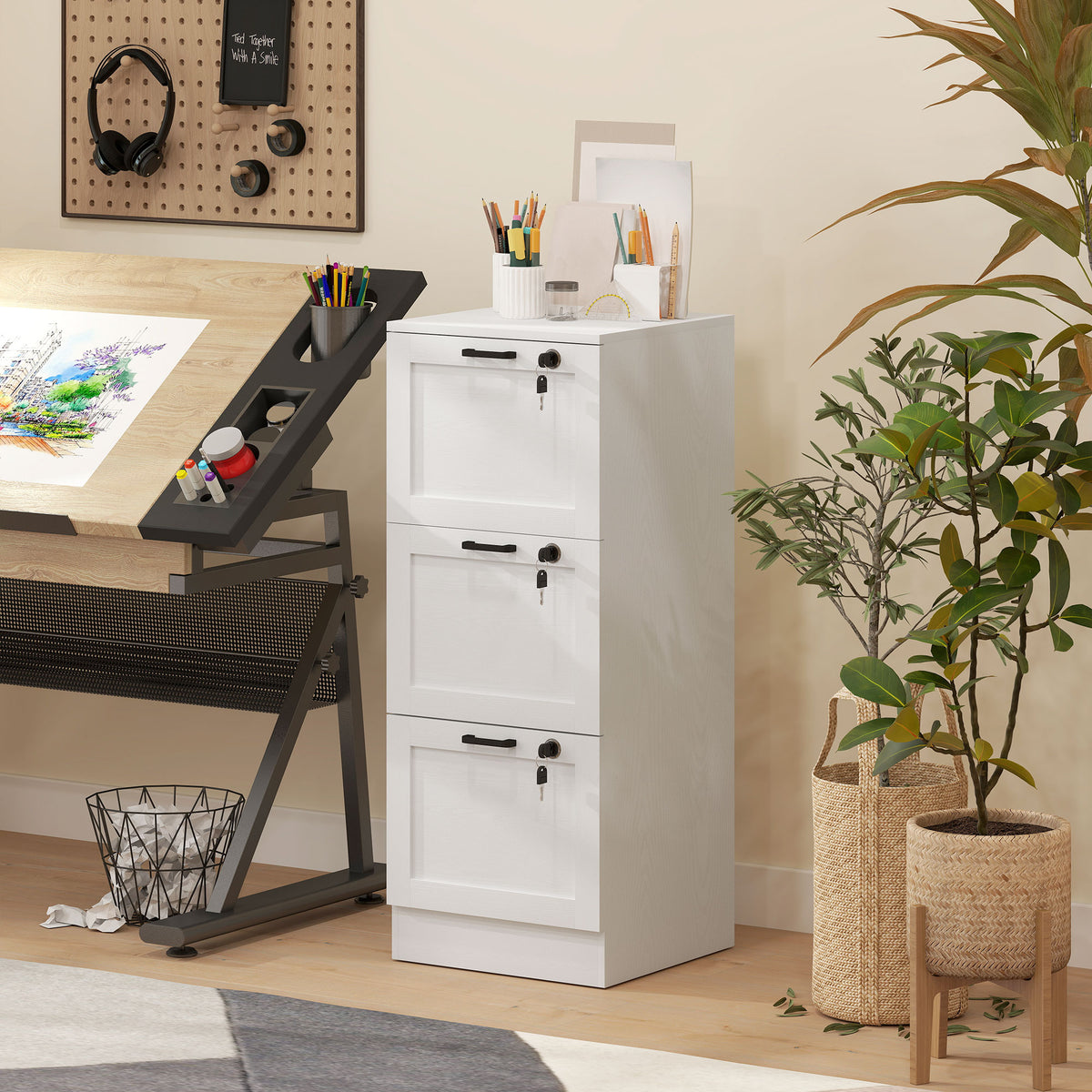 3-Drawer Filing Cabinet with Lock - White