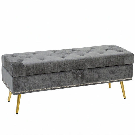 Storage Ottoman, Chenille Upholstered Ottoman Storage Box with Padded Seat, Metal Legs, 114 x 41 x 45 cm