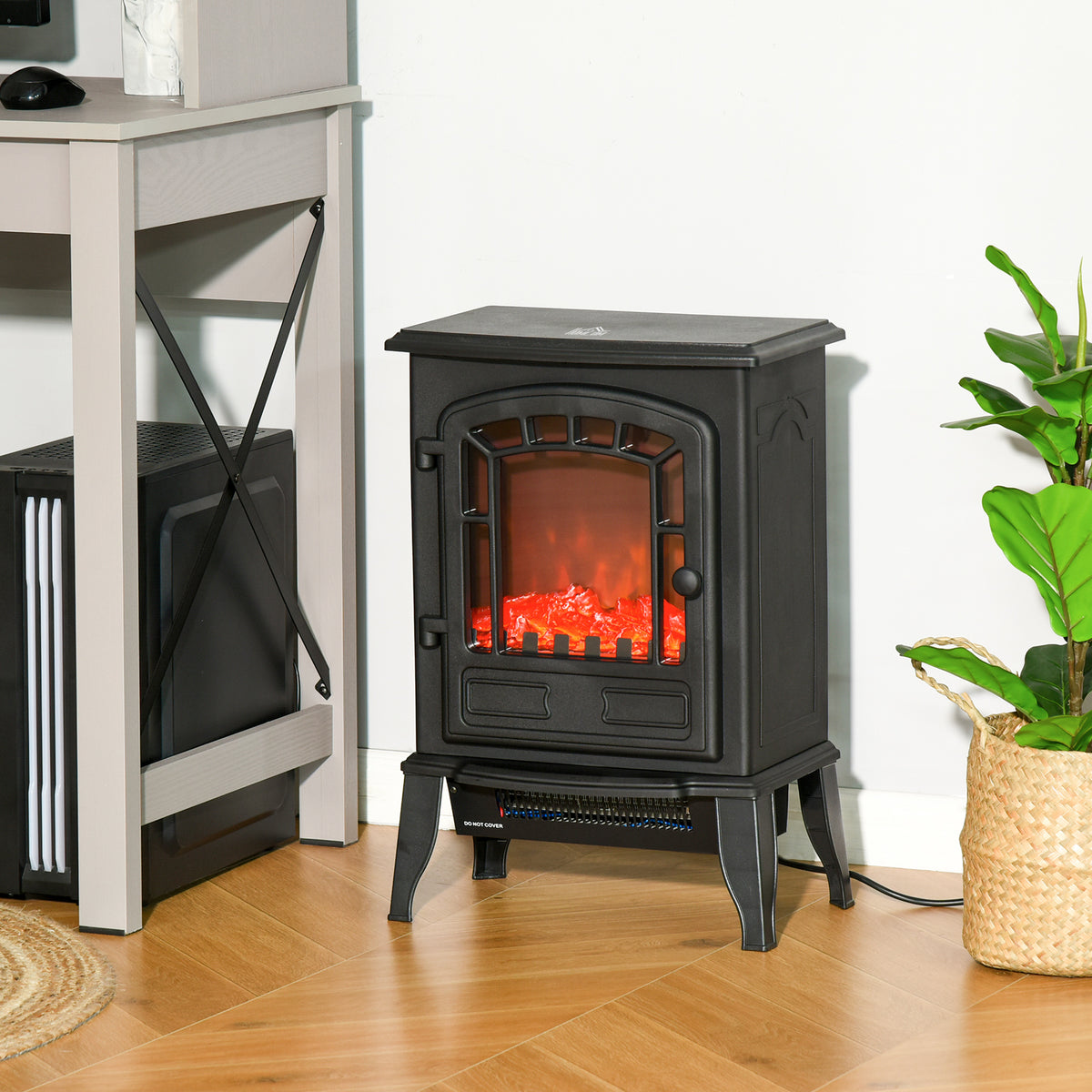 Electric Fireplace Stove Freestanding Log Burner, 1000W/2000W, Portable Electric Fire Fan Heater with LED Flame Effect, Adjustable Thermostat, Overheat Protection