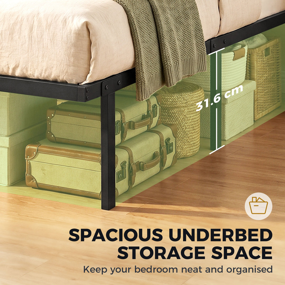 3ft Single Bed Frame with Underbed Storage, Metal Platform Bed Frame with Steel Slat Support, No Box Spring Needed