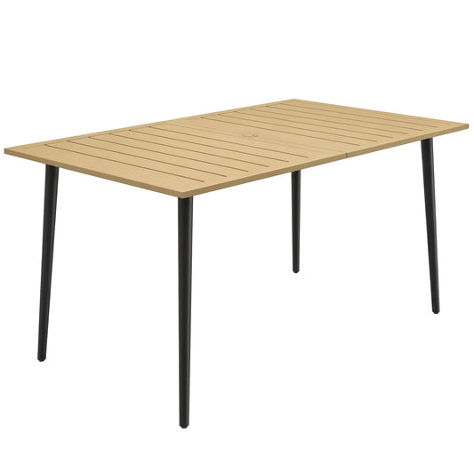 Garden Dining Table, 150 x 90 cm Rectangle Outdoor Table with 5 cm Parasol Hole, Slatted Tabletop and Steel Frame for Patio Balcony, (Table Only) Brown