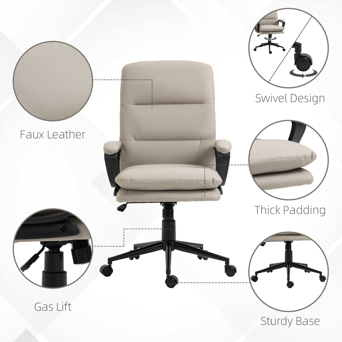 Office Chair, PU Leather Computer Desk Chair Office Chair with Adjustable Height and Swivel Rolling Wheels for Work Study, Light Grey