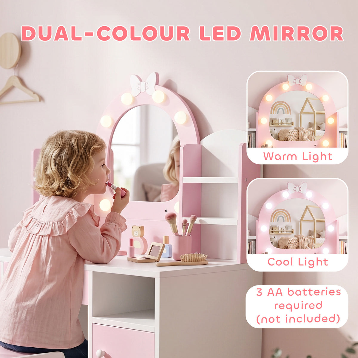 Kids Vanity Set, Kids Dressing Table with Stool, 2-Colour Lights Mirror, Cabinet, Drawer and Shelves, Pink
